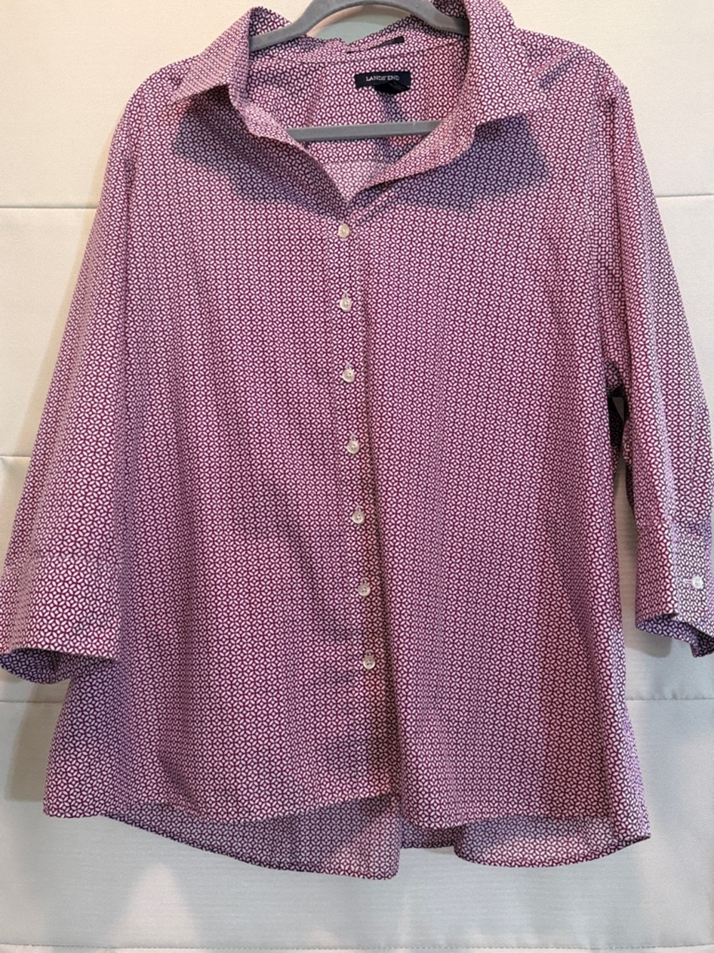 Lands’ End Wrinkle Free Button Down Blouse Purple Geometric Plus 22W Workwear